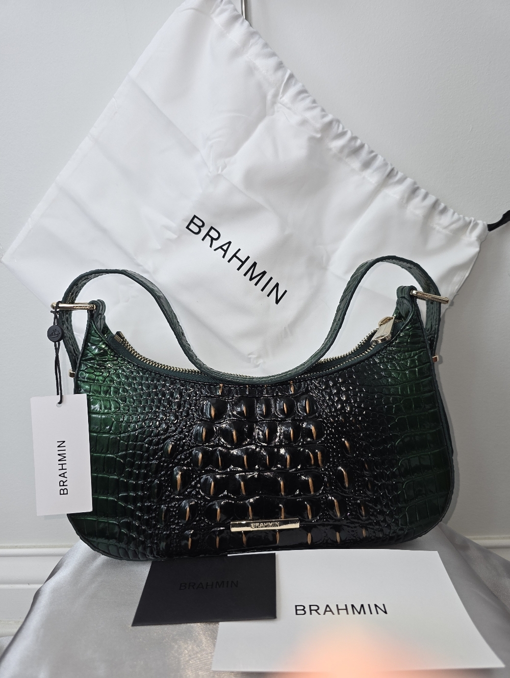 Brahmin Kyrie Evergreen Ombre Melbourne Croc Embossed Leather Shoulder Bag NWT - Picture 7 of 14
